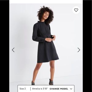 Denim ruffled mockneck shirt dress washed black